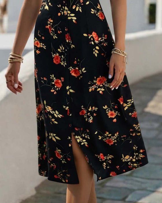 Robe Corolle À Col V Imprimé Floral Avec Une Fente