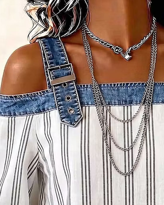 Blouse Denim Hors Épaule Rayure Panneau