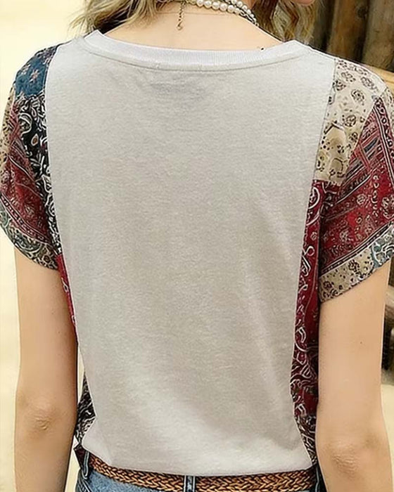 T-Shirt Col V Manches Courtes Patchwork