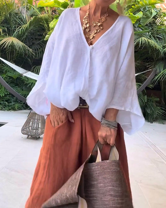 Blouse Col En V Asymétrique Unie Décontractée