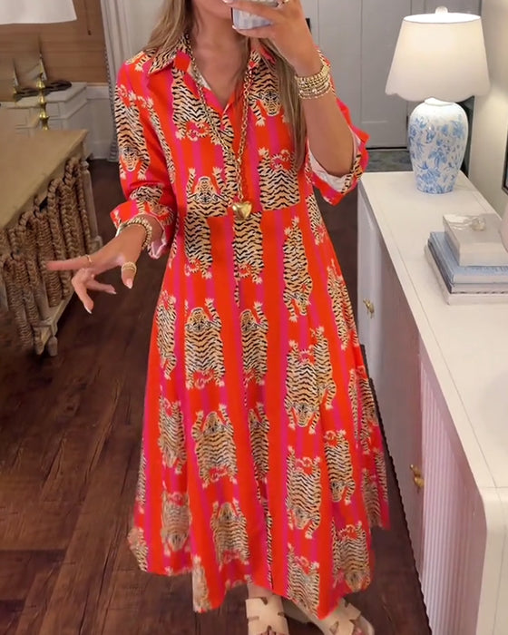 Robe Manche Longue Revers Imprimé Maxi