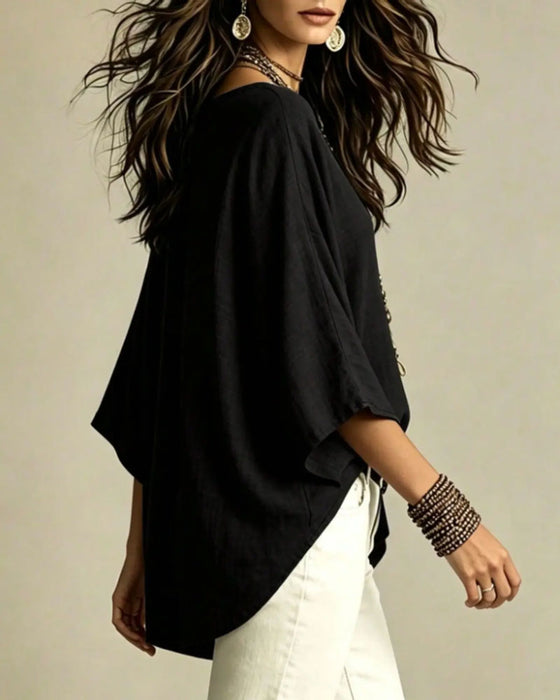 Blouse Col V Manches Trois-Quarts Lâche