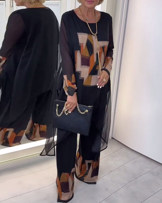 Costume Élégant À Manches Longues Imprimé Jambes Larges