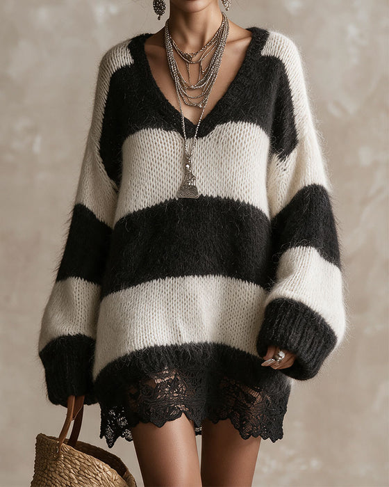 Pull Robe Col En V Rayé Dentelle Patchwork