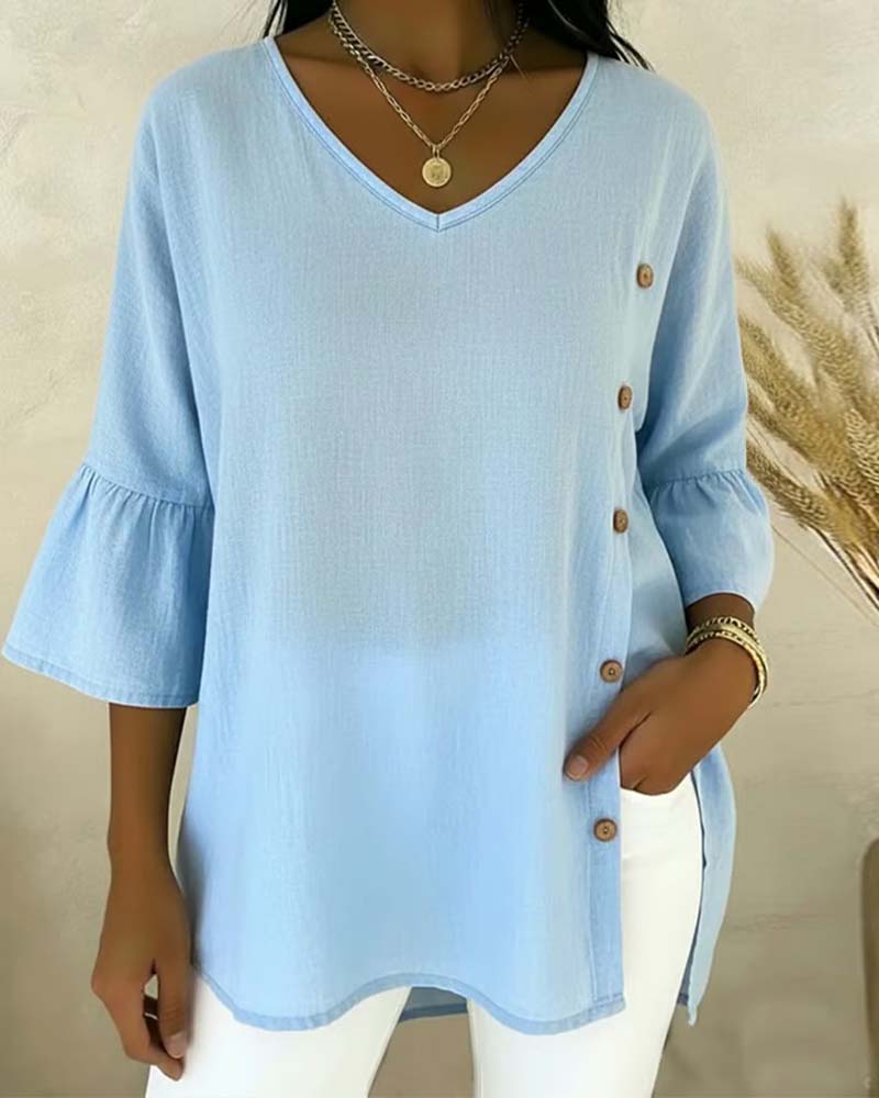 Blouse Bouton Latéral Manche Évasée Lin