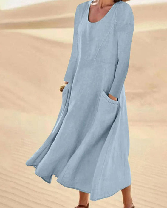 Robe Unie Manche Longue Col Rond