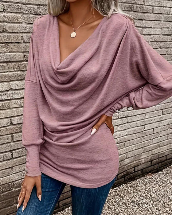 T-Shirt Col Mock Uni Bouton Manche Longue