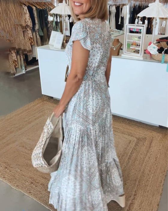 Robe à manches fendues et col en V imprimé vacances