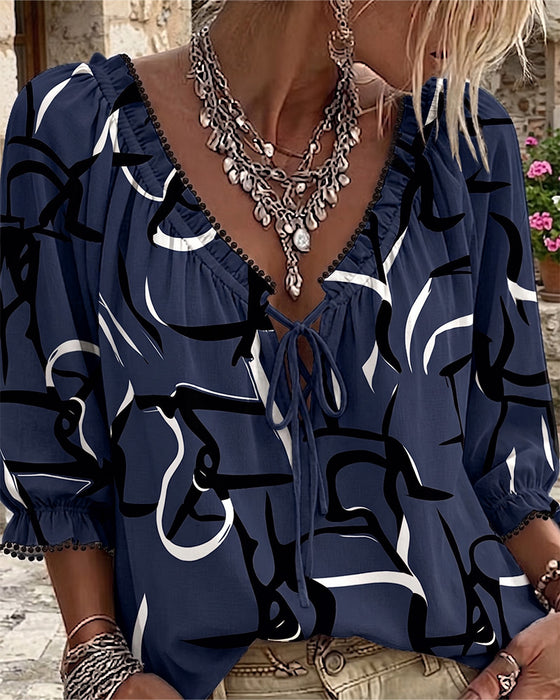 Blouse Imprimé Abstrait Col En V Lacets