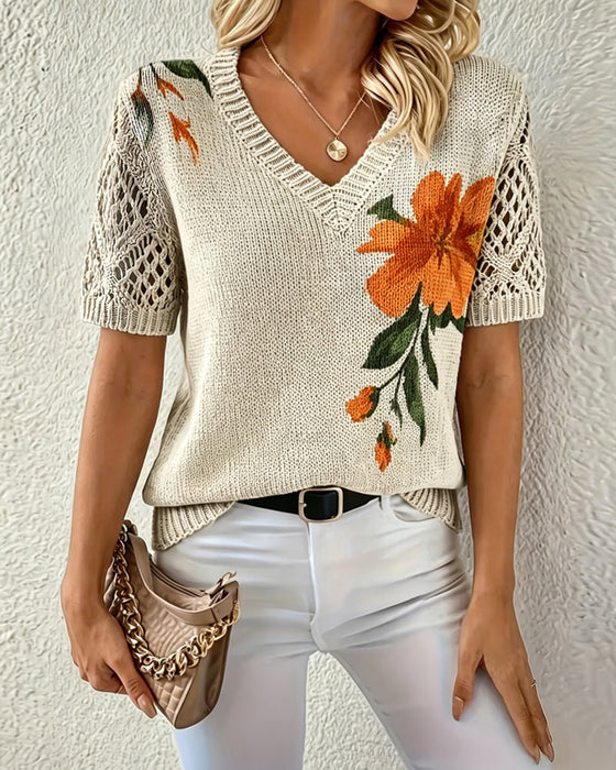 Pull-Over Col En V Tricoté Fleuri