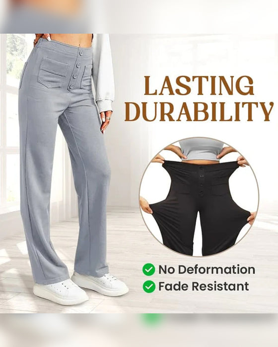 Pantalon Taille Haute Boutonné Jambe Large
