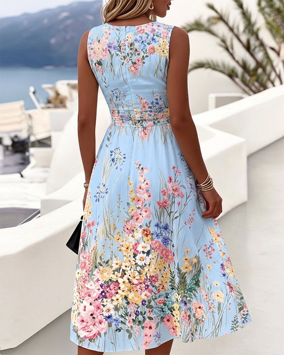 Robe Sans Manches Imprimé Floral Cintrée À La Taille