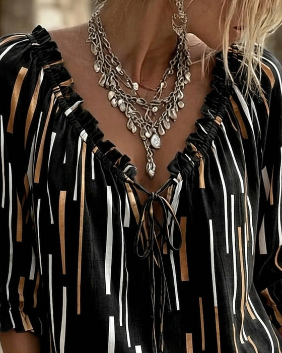 Blouse Col V Volant Garniture Rayure