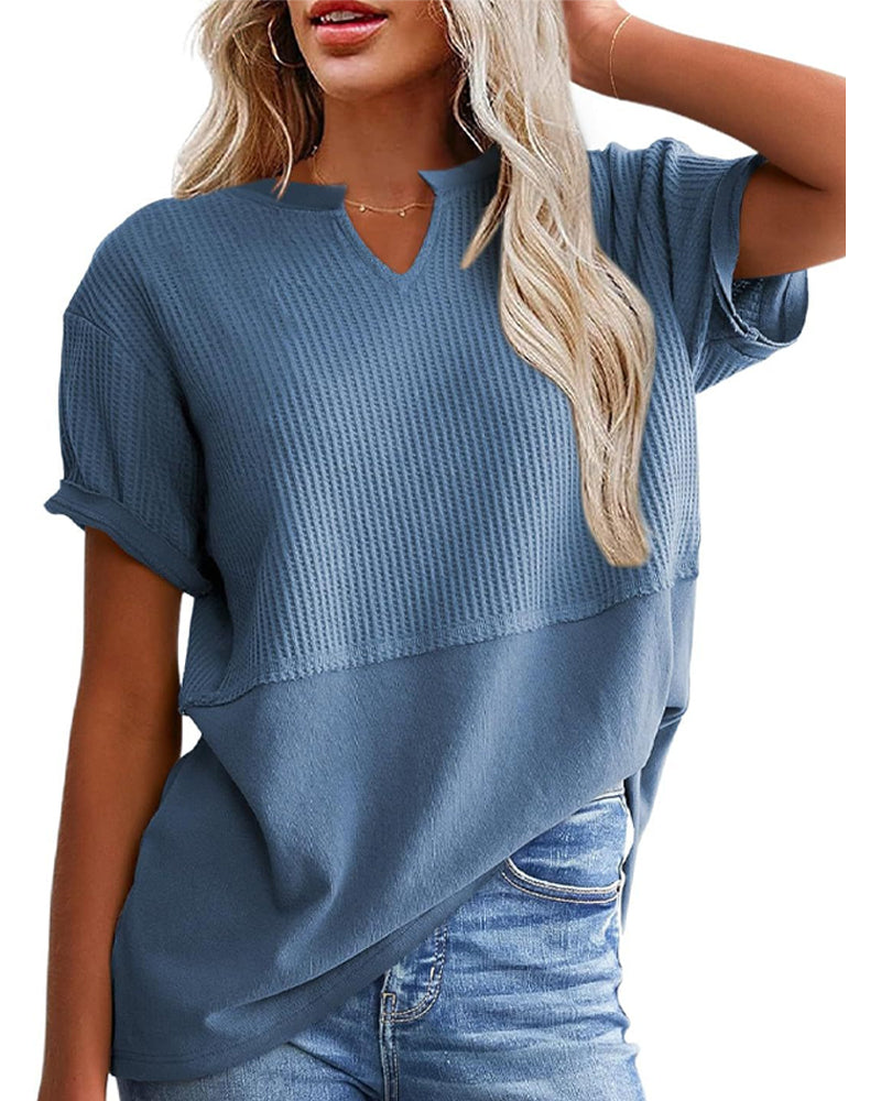T-Shirt Taille Cintrée Patchwork Col En V Pullover