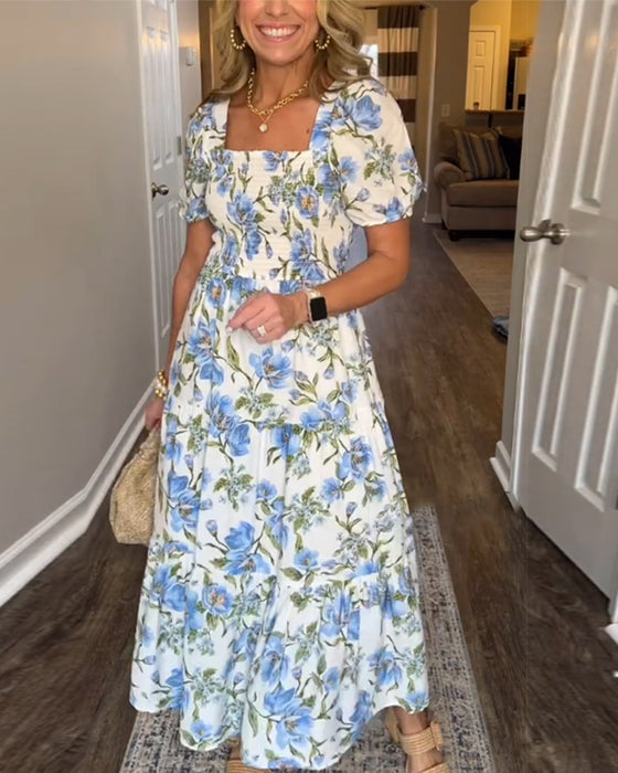 Robe Carré Plissé Fleuri A-Ligne