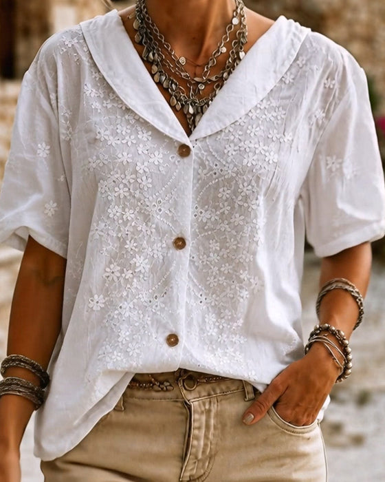 Blouse Revers Bouton Tridimensionnelle Fleurie