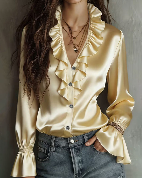 Chemise Volant Col V Bouton Manche Longue