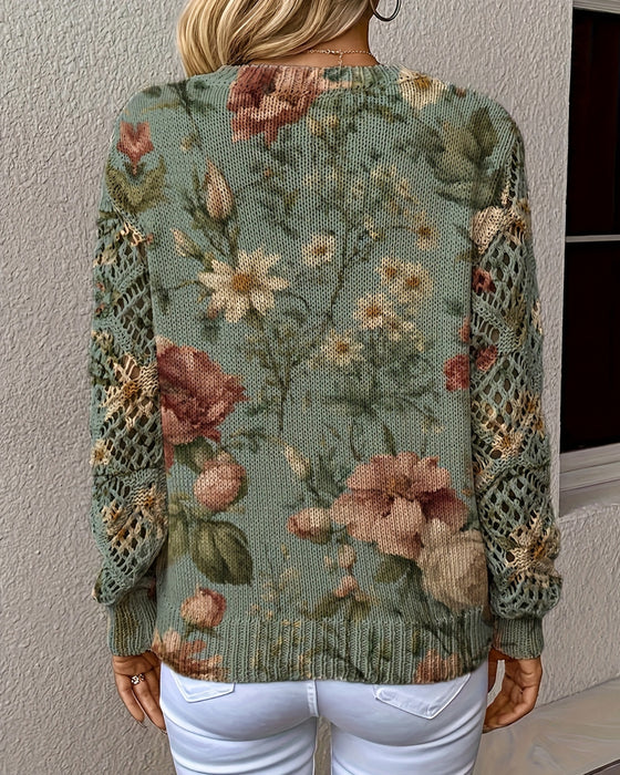 Pull Jacquard Col V Ajouré Manches Longues