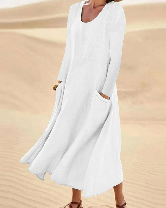 Robe Unie Manche Longue Col Rond