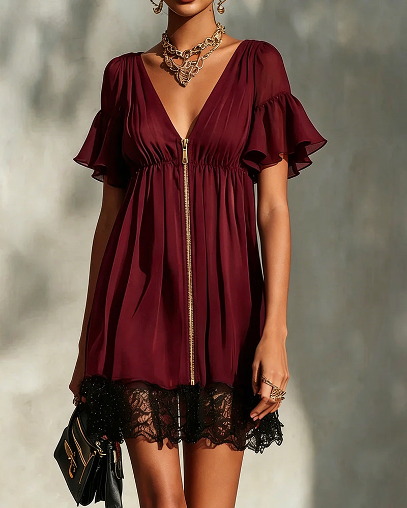 Robe Volant Manche Évasée Fermeture Éclair Dentelle