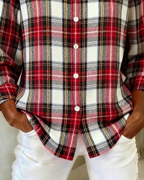 Chemise Revers Bouton À Carreaux Manches Longues