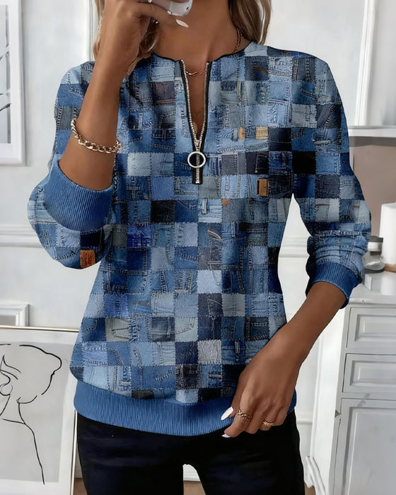 Mid-Length Checkered Print Zip-Neck Sweatshirt