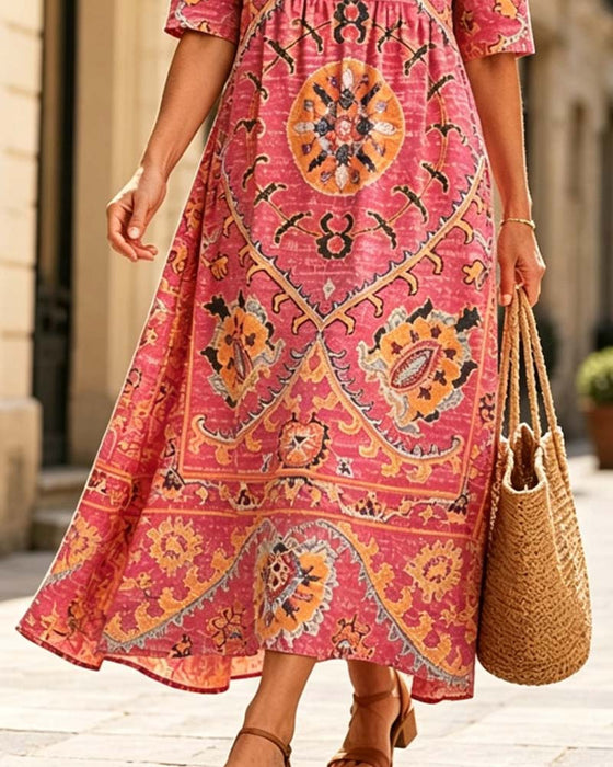 Robe À Col Volanté Et Jupe Évasée Imprimée