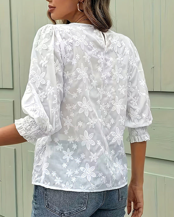Blouse Col Rond Manches Ballon Tridimensionnelle Fleurie