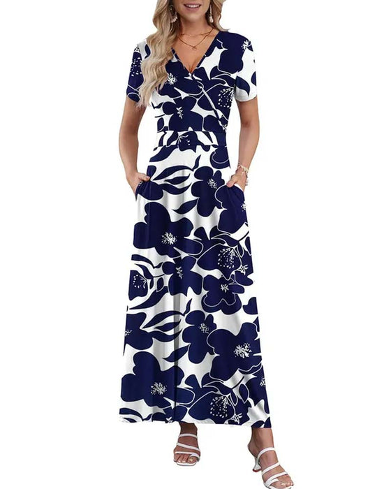Robe Col V Imprimée À Manches Courtes