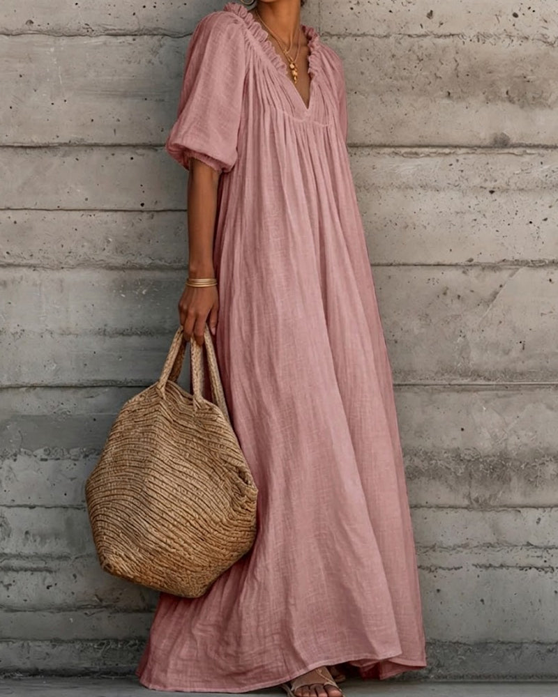 Kleid Rein Weiß Blasenärmel Voll Rock Maxi
