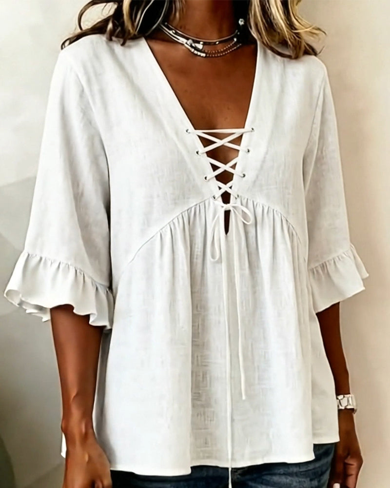 Blouse Unie Col V Volantée