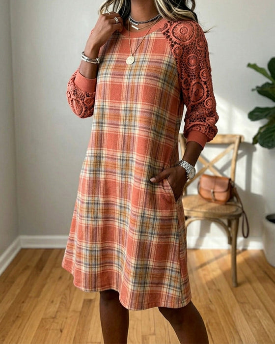 Robe Écossais Dentelle Raglan Midi