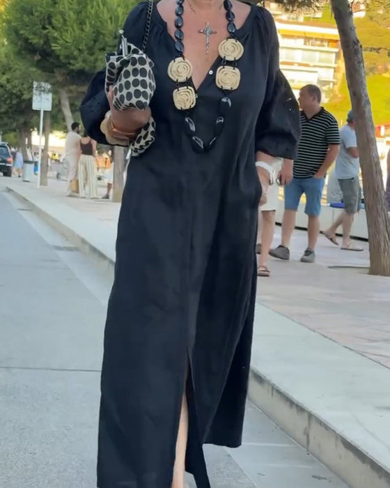Robe Col V Poche Jupe Ample Lâche Unie