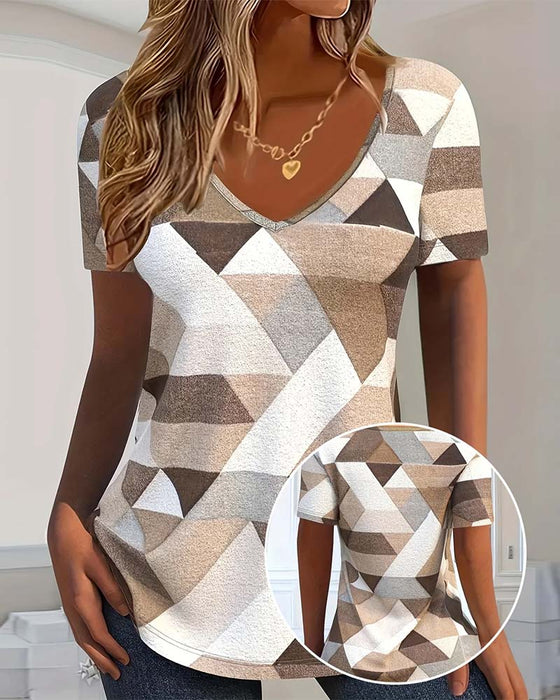 T-shirt avec un Cou en U en Bloc de Couleurs Casual