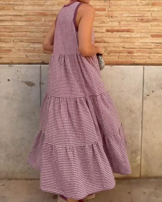 Robe Col Rond Plaid Sans Manches