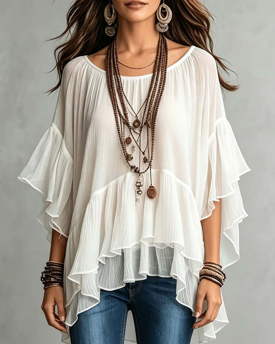 Blouse Col Rond Double Couche Volant Manche Irrégulière