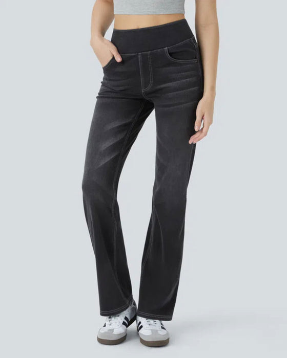 Pantalon Taille Haute Denim Poche Évasé