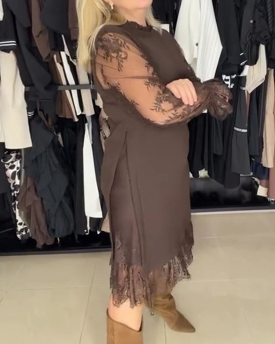 Robe Dentelle Patchwork Élégante Manches Longues