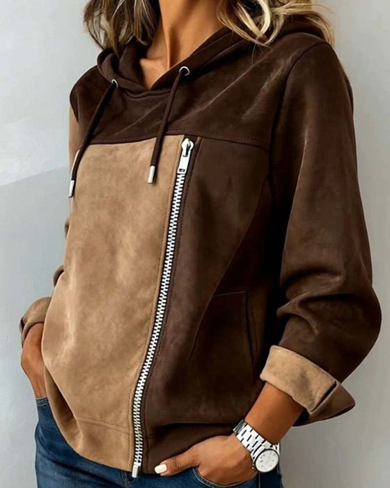 Hoodie À Capuche Cordon De Serrage Contraste Fermeture Éclair