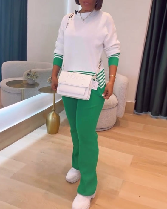 Pull Rayé Contrasté Pantalon Ensemble