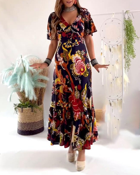 Robe élégante imprimée à col en V et à manches courtes