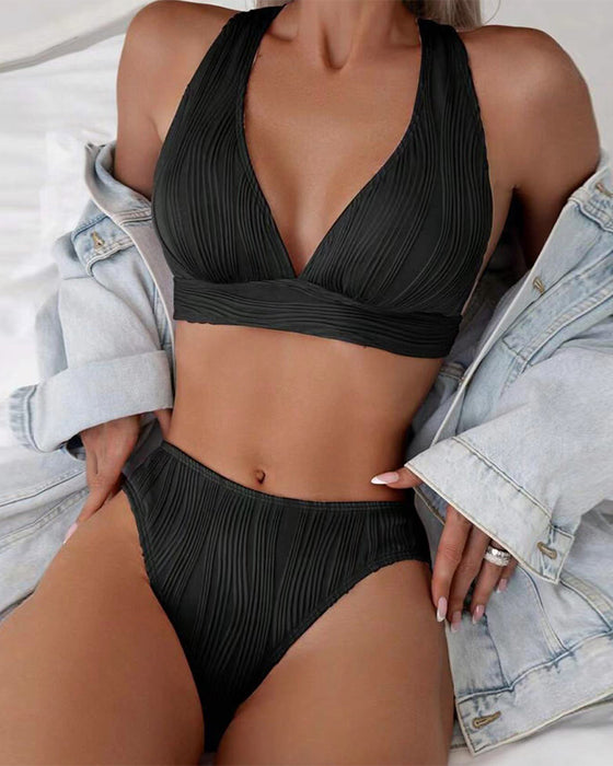 Bikini sexy en V profond de couleur unie