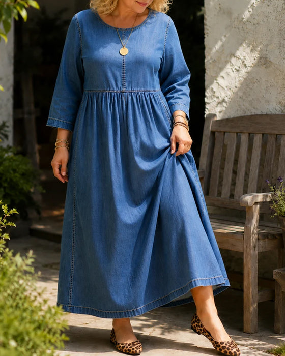 Robe Col Rond Plissée Manche Longue Denim
