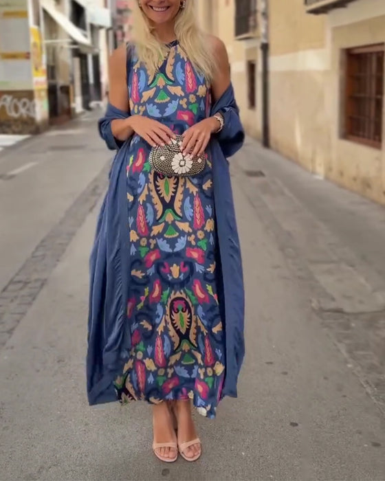 Ensemble Robe Longue Sans Manches Avec Long Cardigan