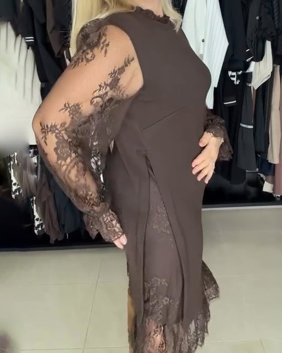 Robe Dentelle Patchwork Élégante Manches Longues