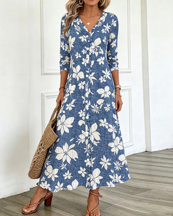 Robe Col V Florale Chemise