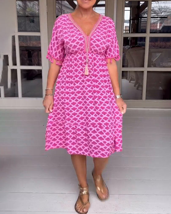 Robe col V imprimée à franges