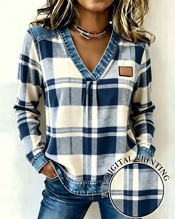 Haut Col En V À Carreaux Denim Patchwork