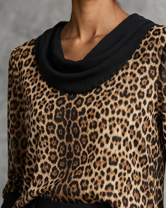Blouse Col Mock Léopard Manche Coude
