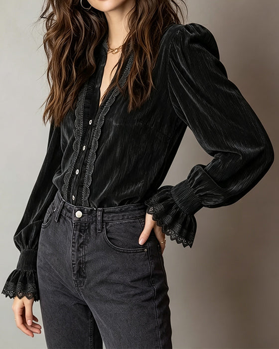 Blouse Manches Ballon Volant Bouton Devant